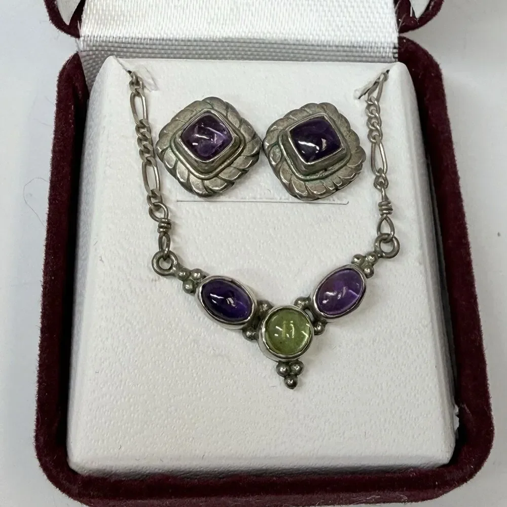 Sterling Silver Amethyst Peridot Pendant Necklace & Matching Stud Earring Set